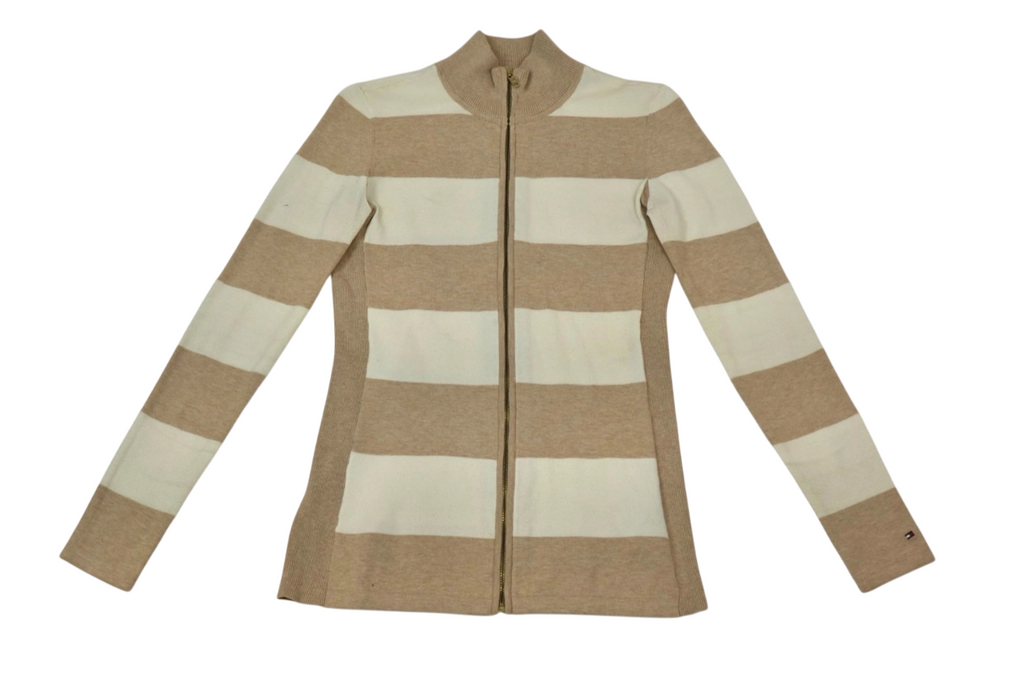 Chaqueta tejida a rayas beige y blanco