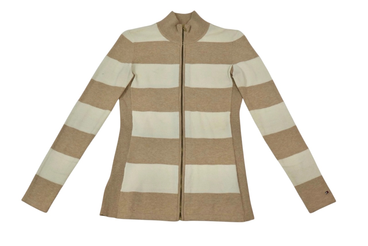 Chaqueta tejida a rayas beige y blanco