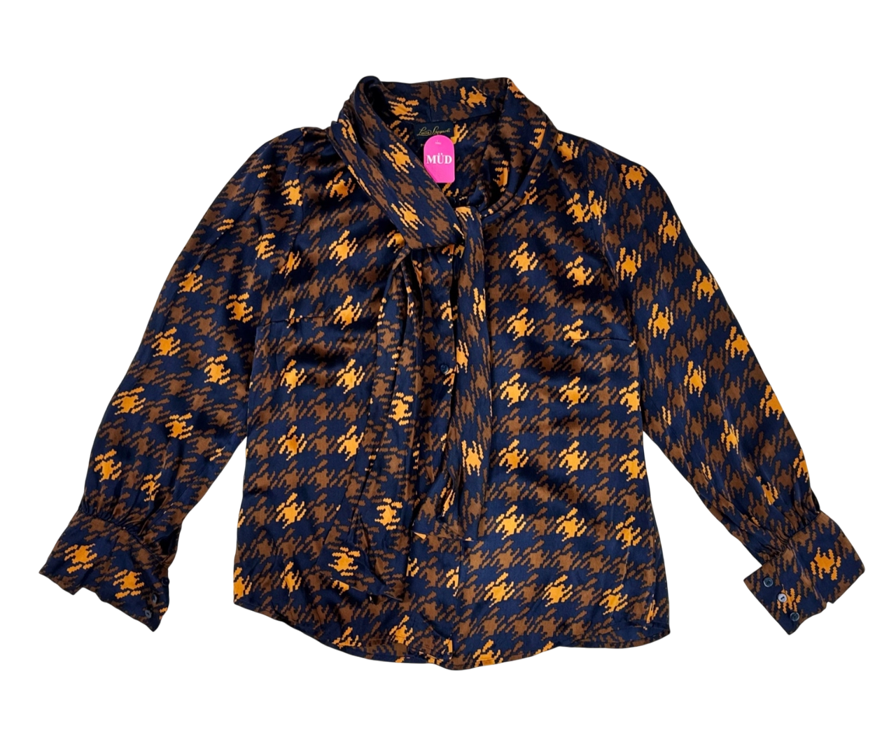 Blusa estampada azul y mostaza con lazo en el cuello